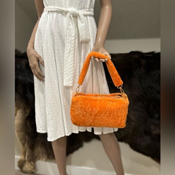 Orange Real Shearling Double Zip Pillow Bag, Lamb Fur Shoulder Bag, Crossbody - Picture 10 of 16